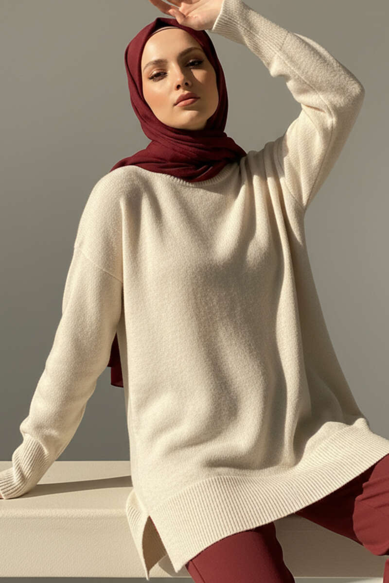 Side Slit Soft Long Knit Tunic Stone