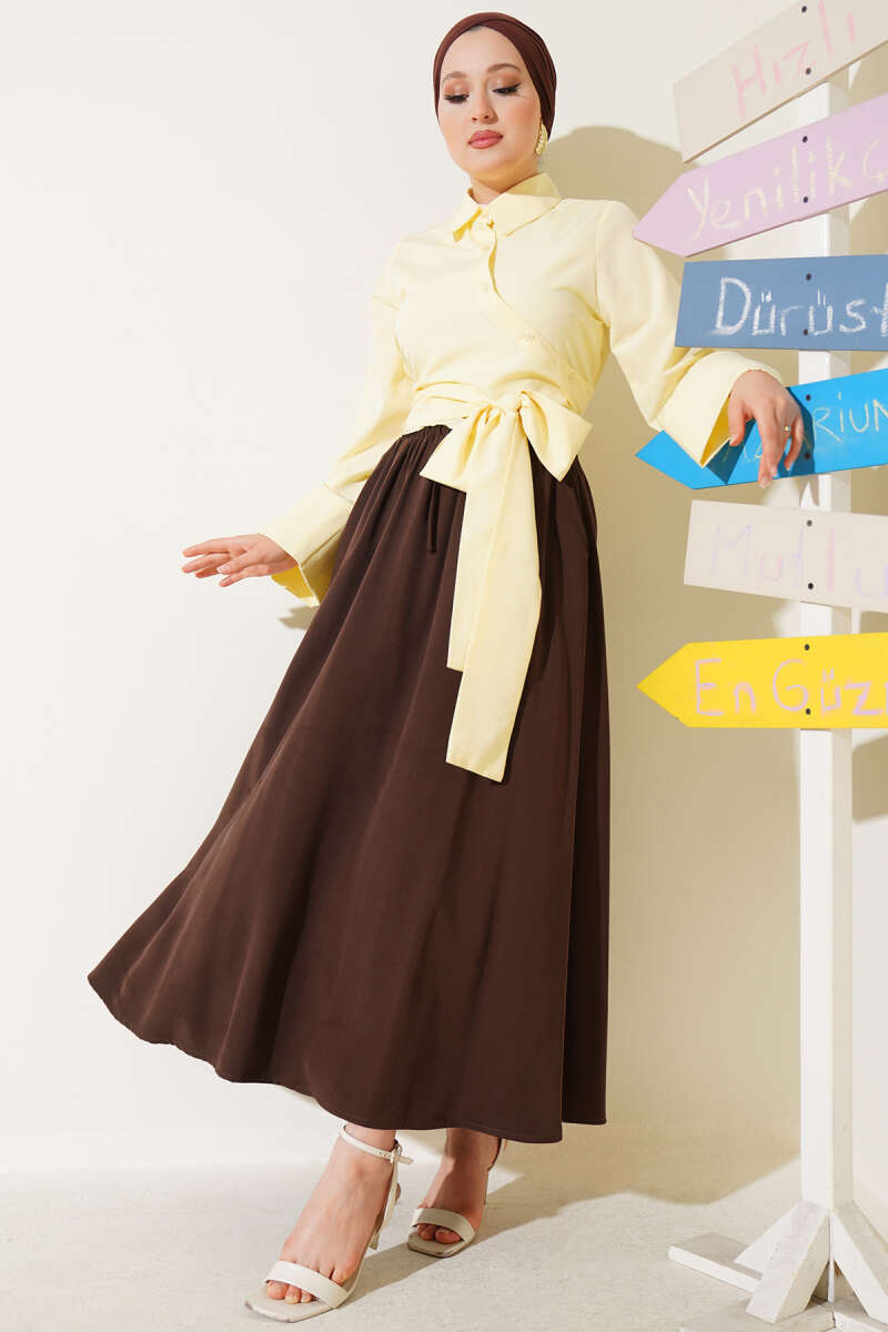 Basic Side Pocket Hem Edge Skirt Brown – Image 2