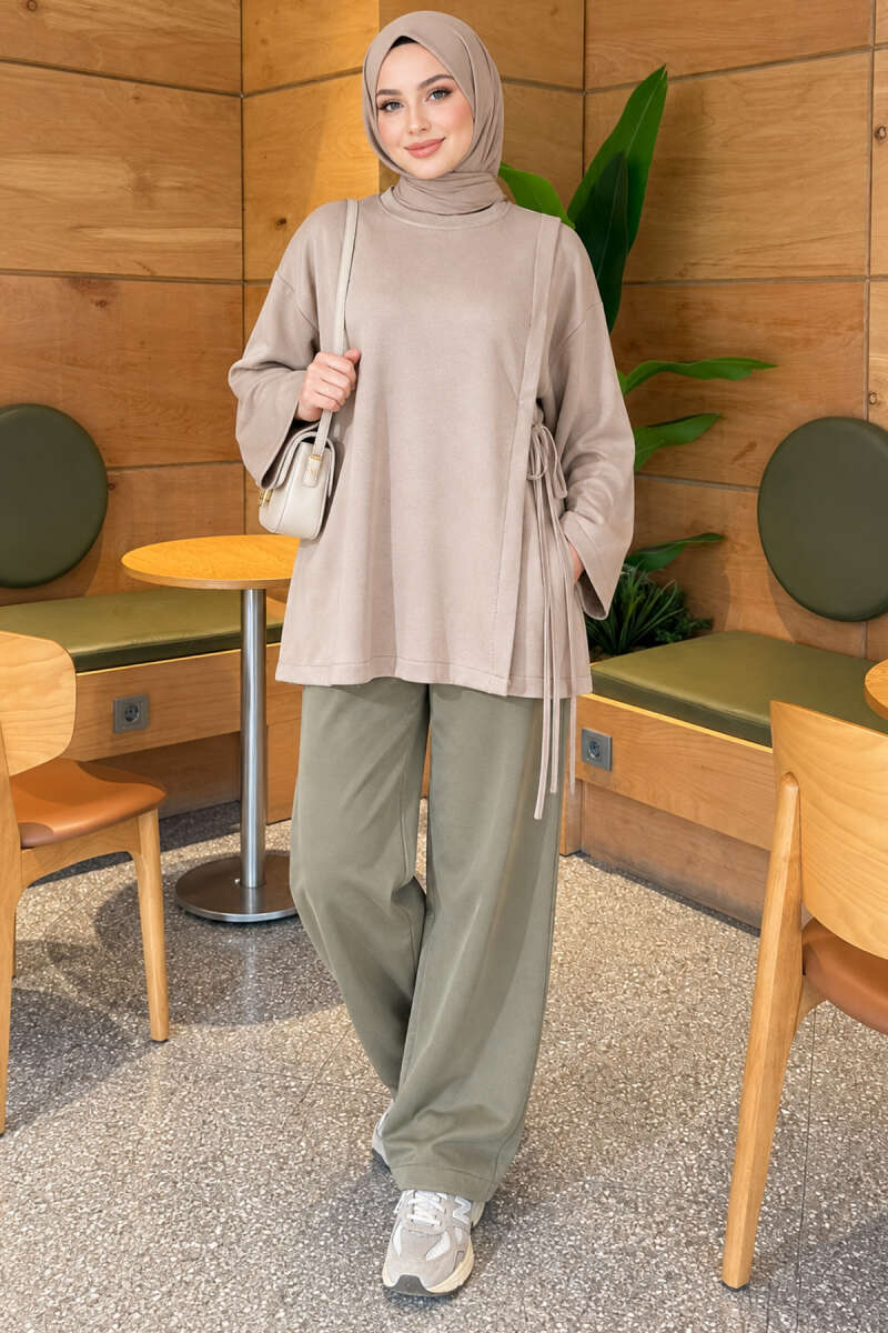 Side-Tie Detail French Terry Tunic Beige - الصورة 2