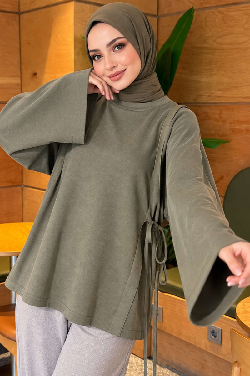 Side-Tie Detail French Terry Tunic Khaki