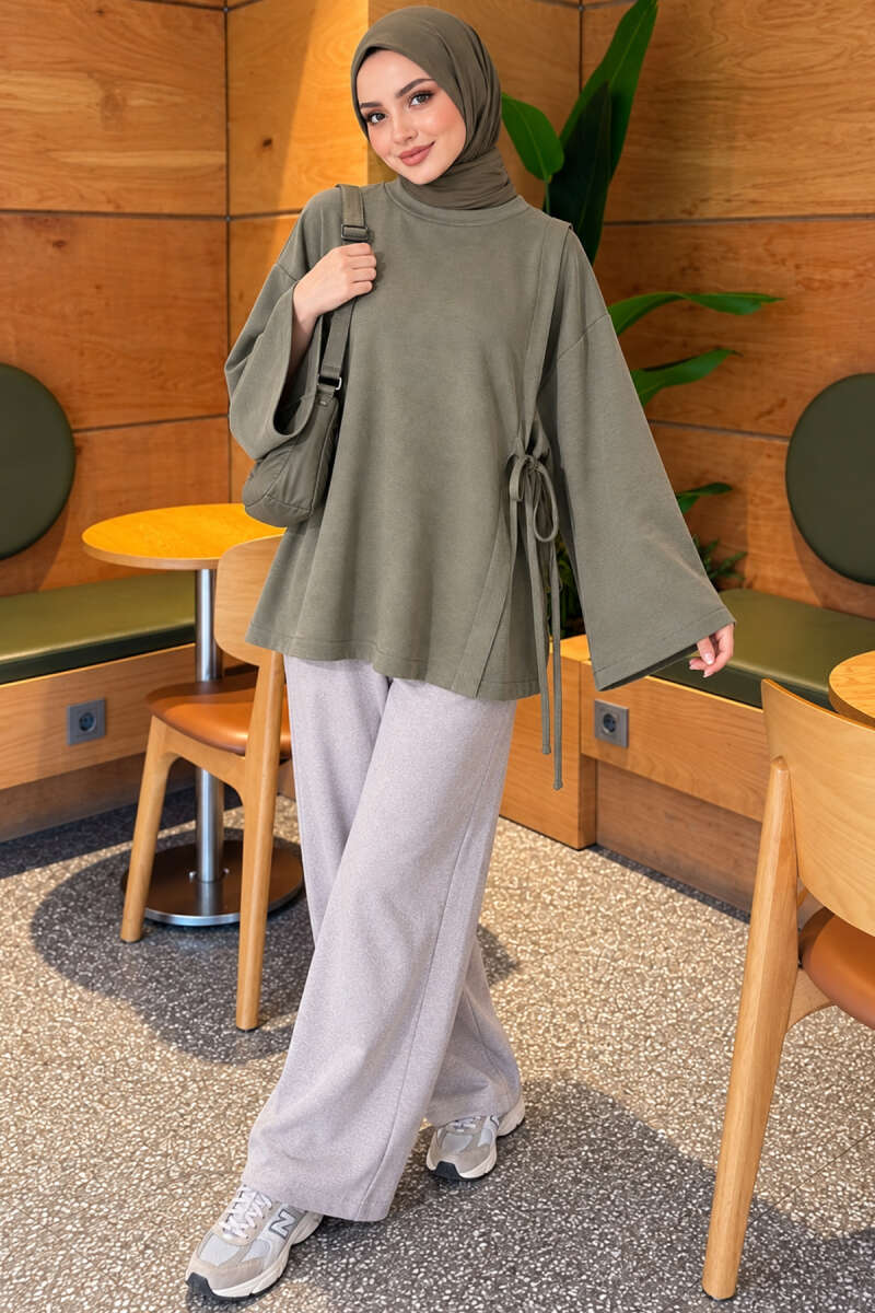 Side-Tie Detail French Terry Tunic Khaki - Afbeelding 2