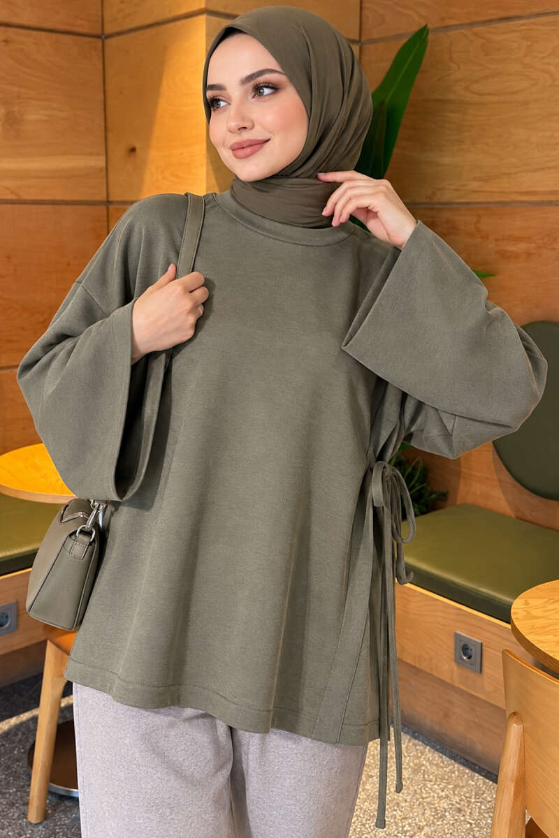 Side-Tie Detail French Terry Tunic Khaki - Afbeelding 3