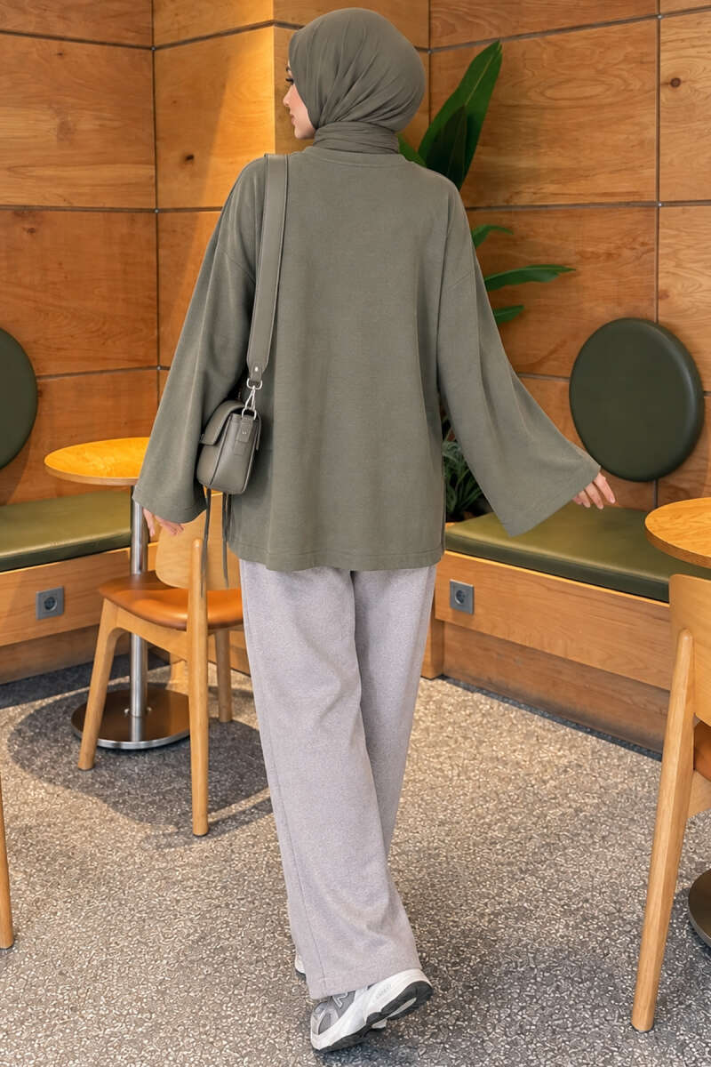 Side-Tie Detail French Terry Tunic Khaki - Afbeelding 4