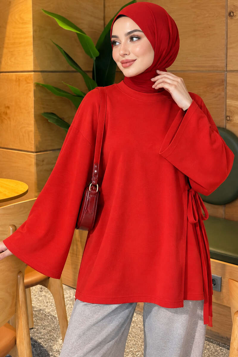 Side-Tie Detail French Terry Tunic Red