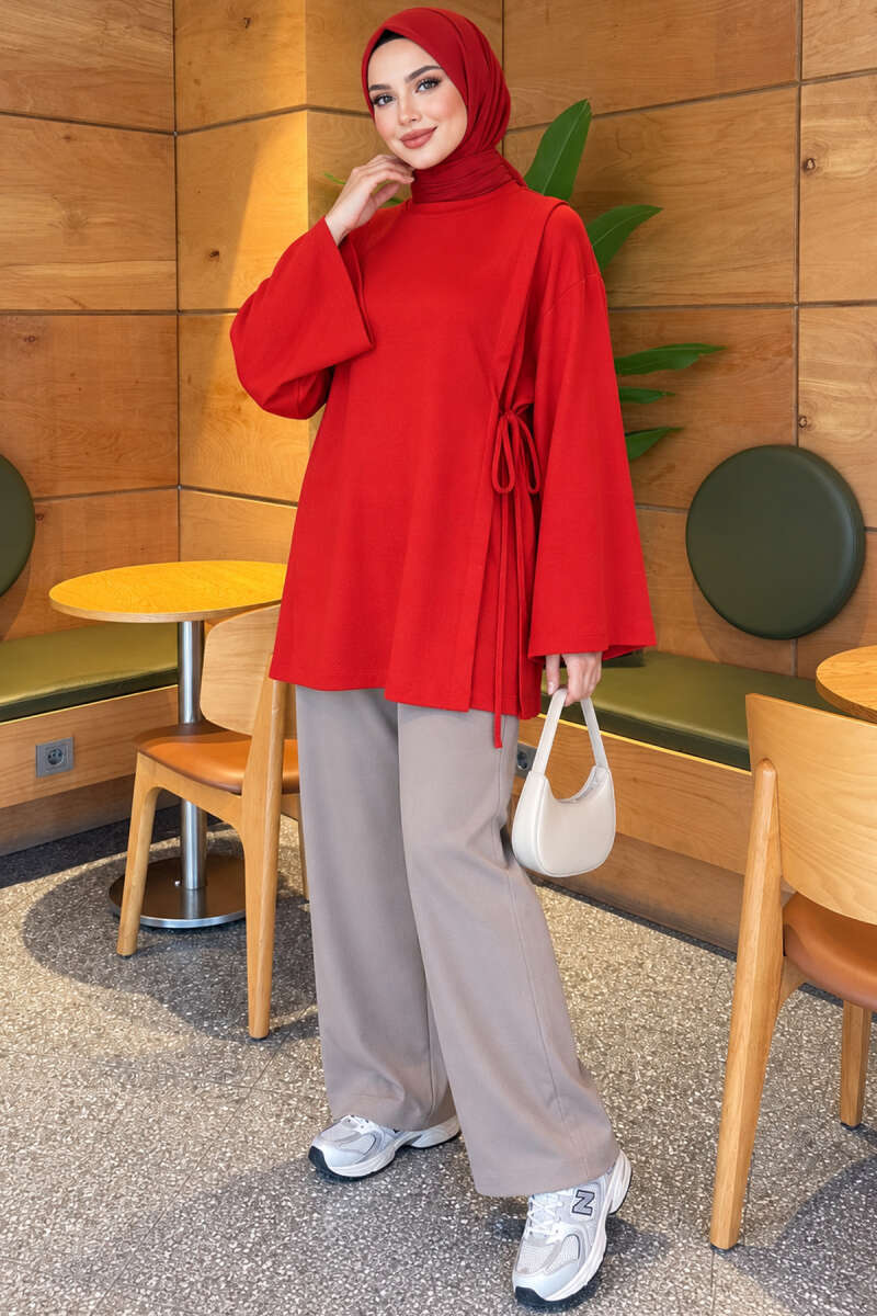 Side-Tie Detail French Terry Tunic Red - الصورة 2