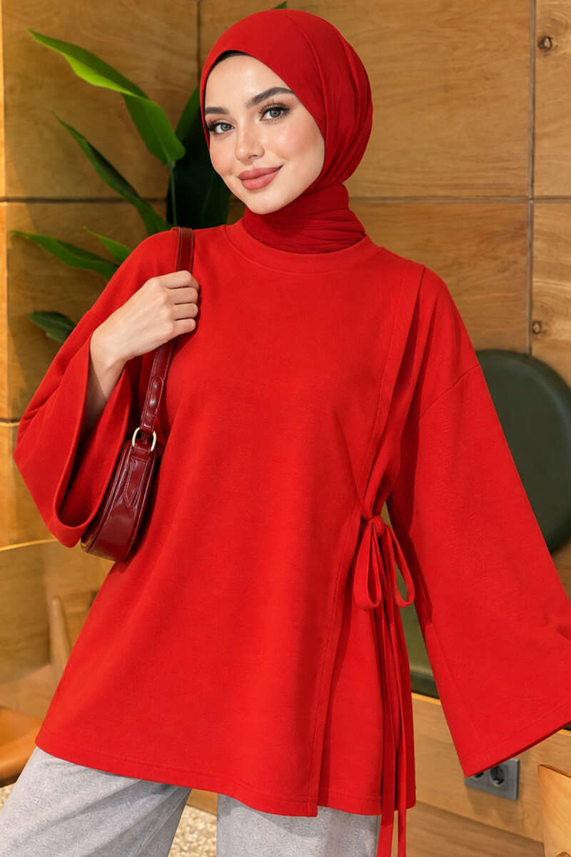 Side-Tie Detail French Terry Tunic Red - الصورة 3