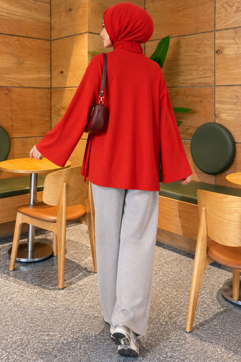 Side-Tie Detail French Terry Tunic Red - الصورة 4