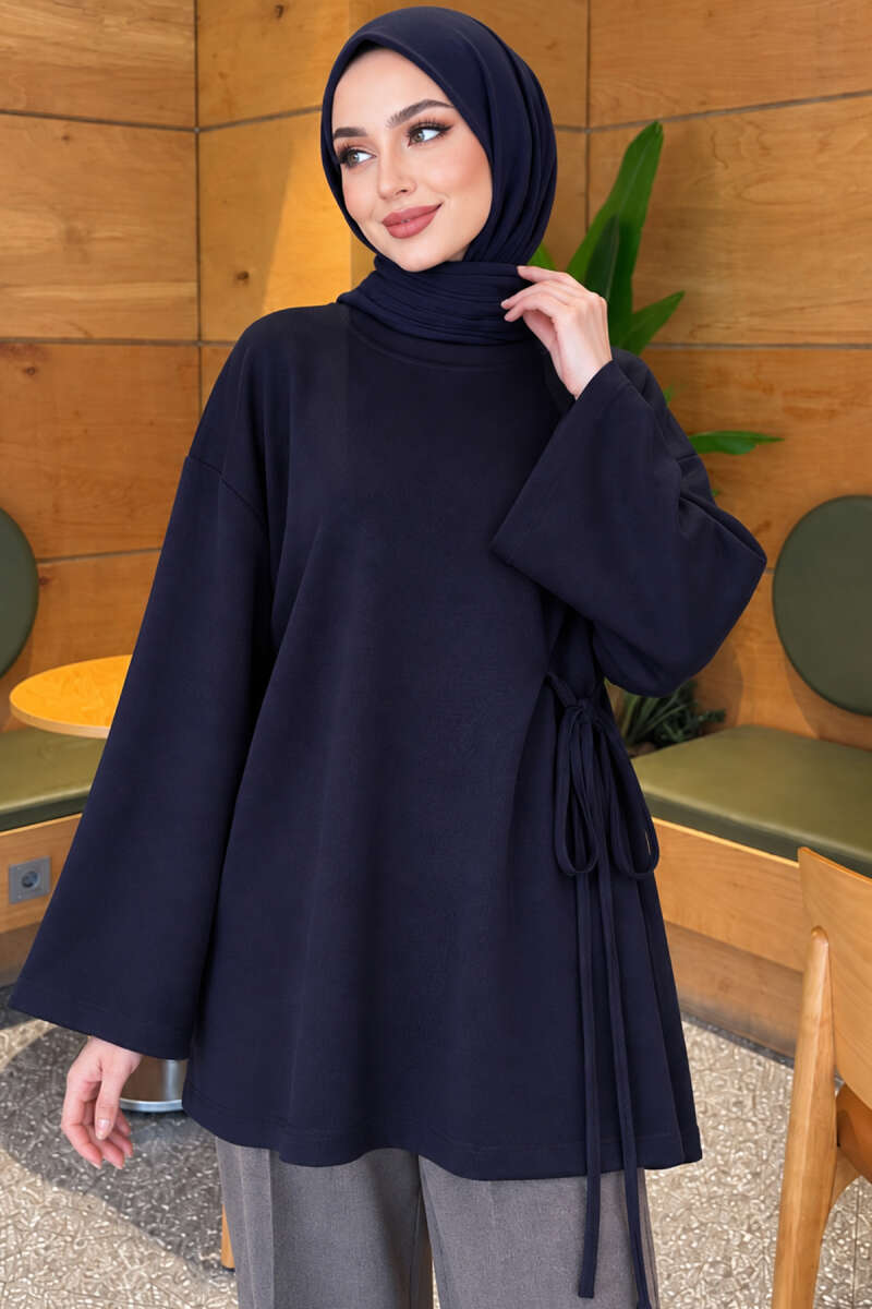 Side-Tie Detail French Terry Tunic Navy Blue – Bild 3