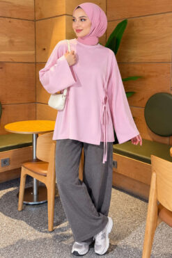 Alternative view of Side-Tie Detail French Terry Tunic Pink