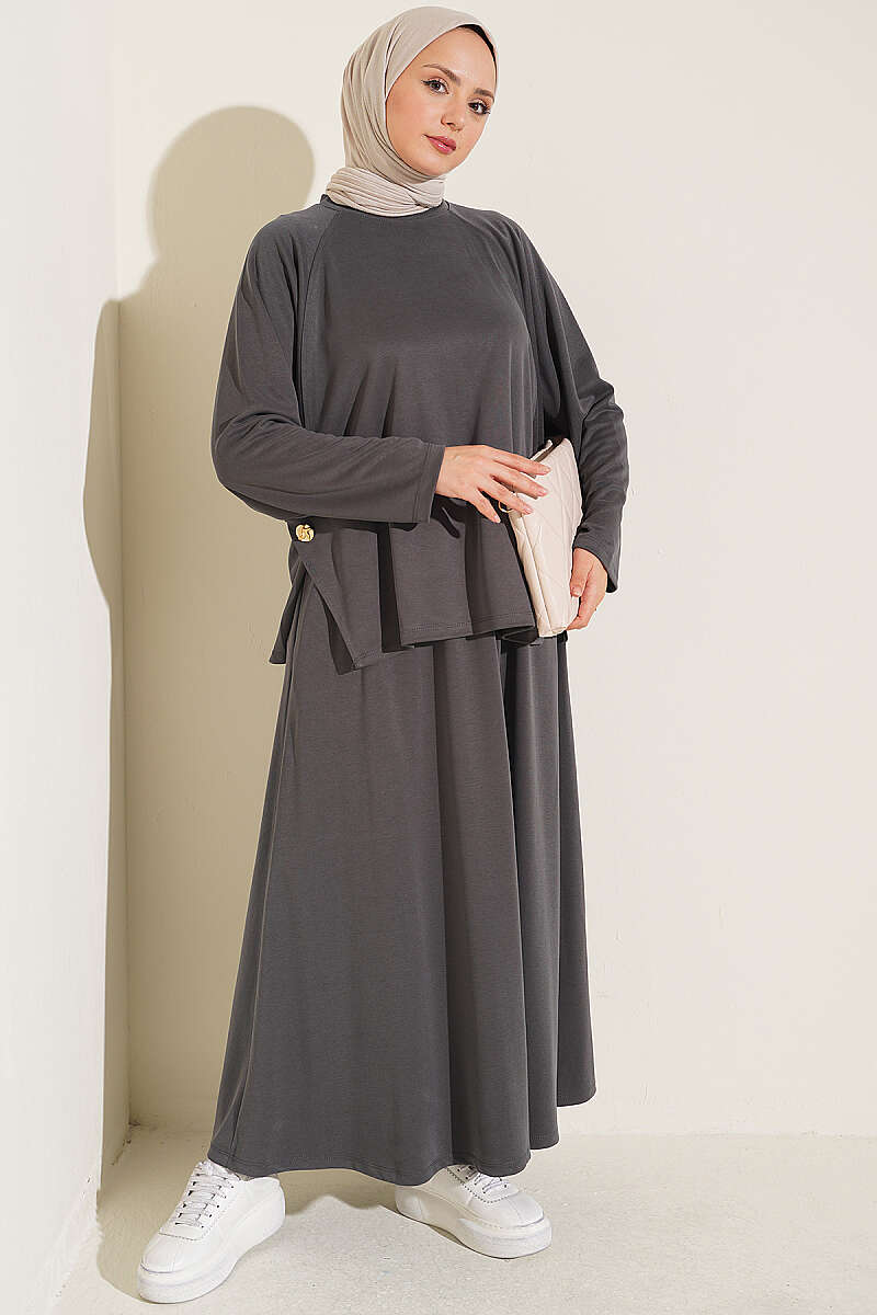 Button-Details Hem French Terry Two-Piece Set Smoke