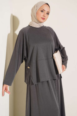 Alternative view of Button-Details Hem French Terry Two-Piece Set Smoke