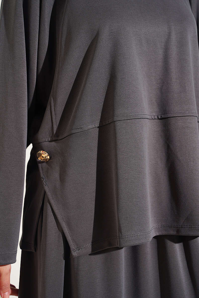 Button-Details Hem French Terry Two-Piece Set Smoke – Bild 4
