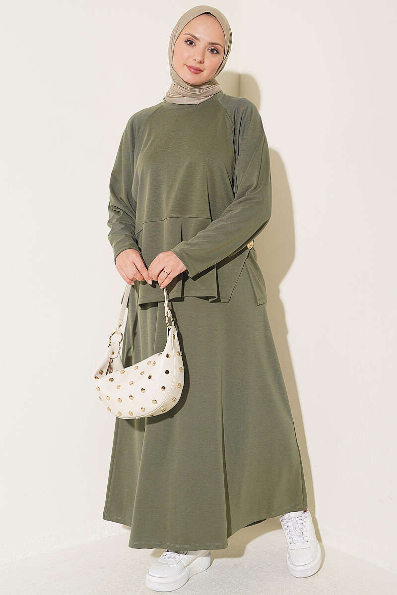 Button-Details Hem French Terry Two-Piece Set Khaki