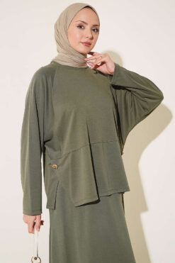 Alternative view of Button-Details Hem French Terry Two-Piece Set Khaki