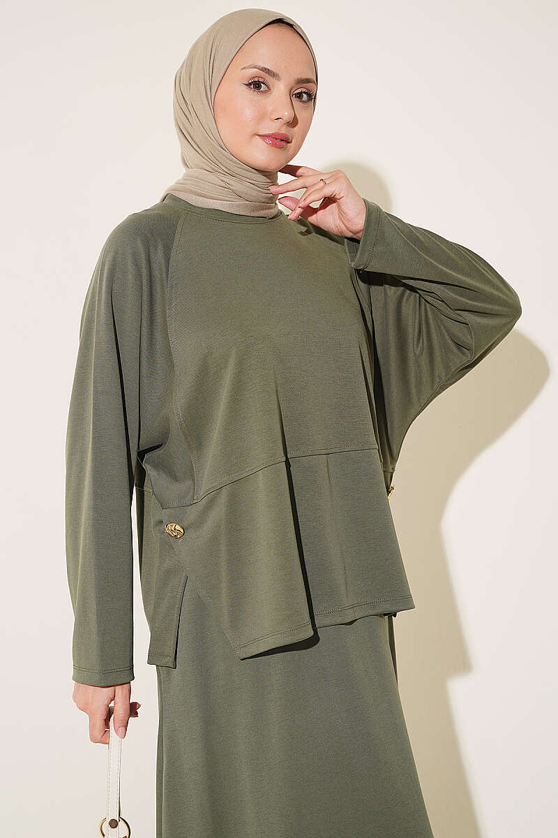 Button-Details Hem French Terry Two-Piece Set Khaki – Bild 2