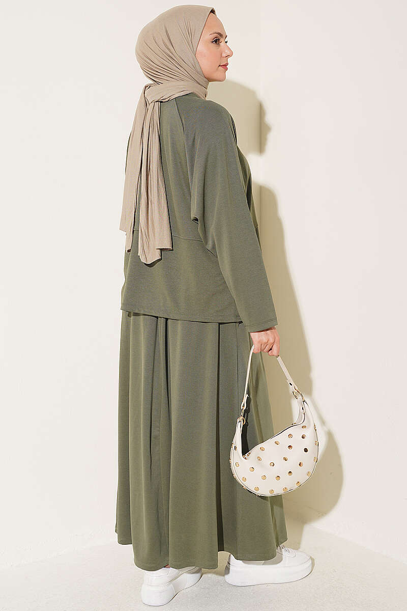 Button-Details Hem French Terry Two-Piece Set Khaki – Bild 3