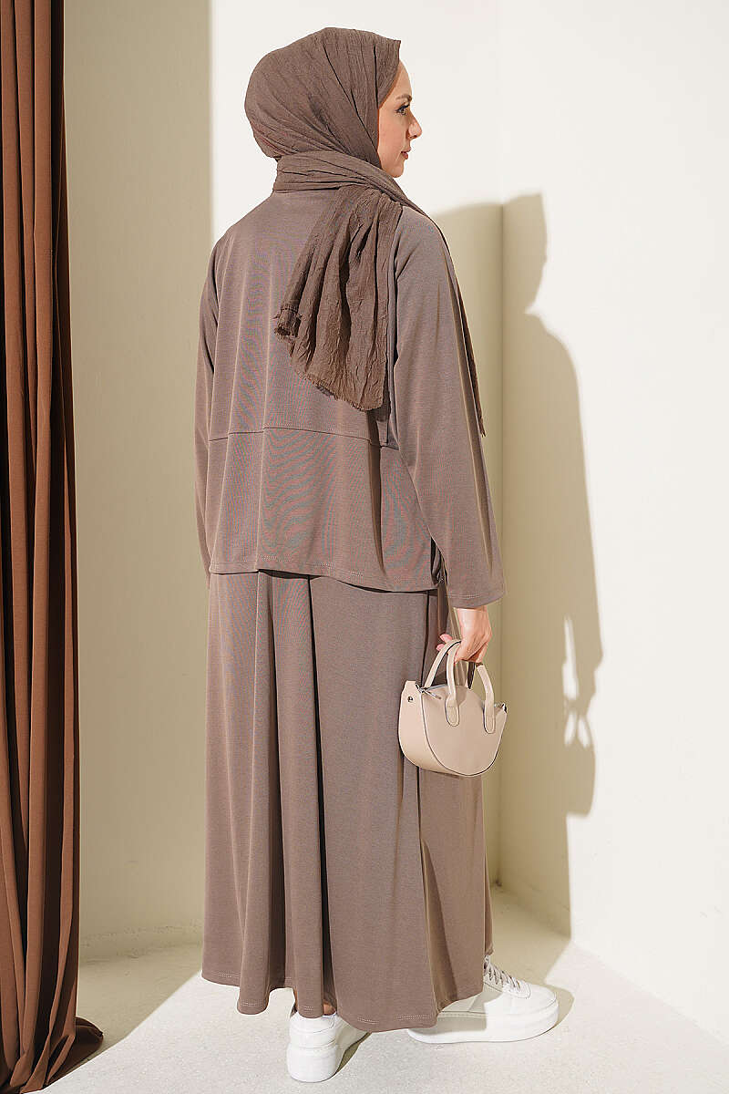 Button-Details Hem French Terry Two-Piece Set Mink - الصورة 3