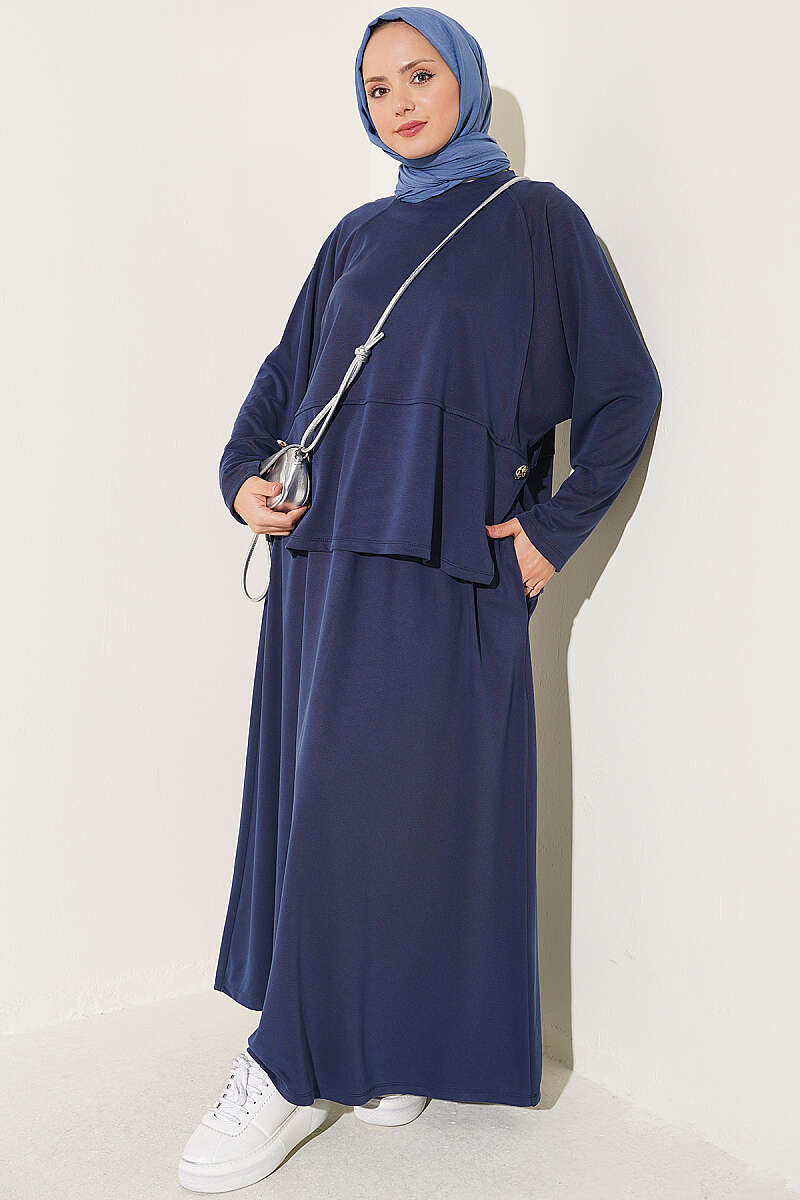Button-Details Hem French Terry Two-Piece Set Navy Blue