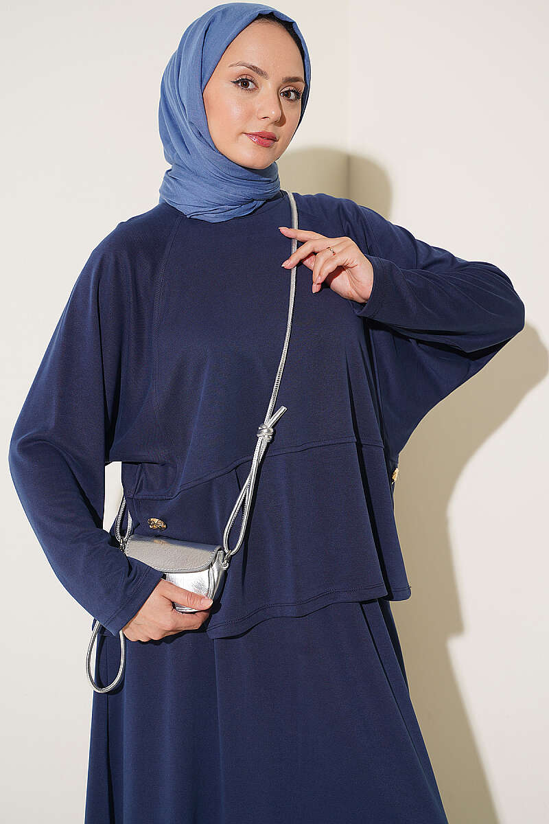 Button-Details Hem French Terry Two-Piece Set Navy Blue - الصورة 2