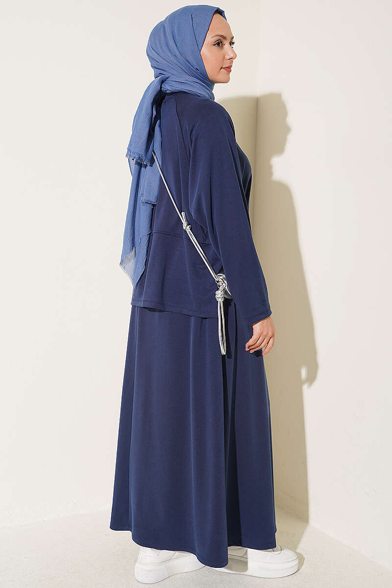 Button-Details Hem French Terry Two-Piece Set Navy Blue - الصورة 3