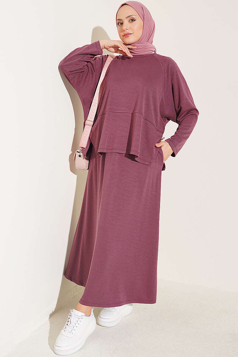 Button-Details Hem French Terry Two-Piece Set Plum