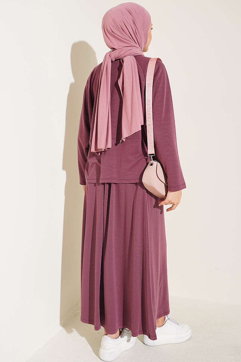 Button-Details Hem French Terry Two-Piece Set Plum - الصورة 3