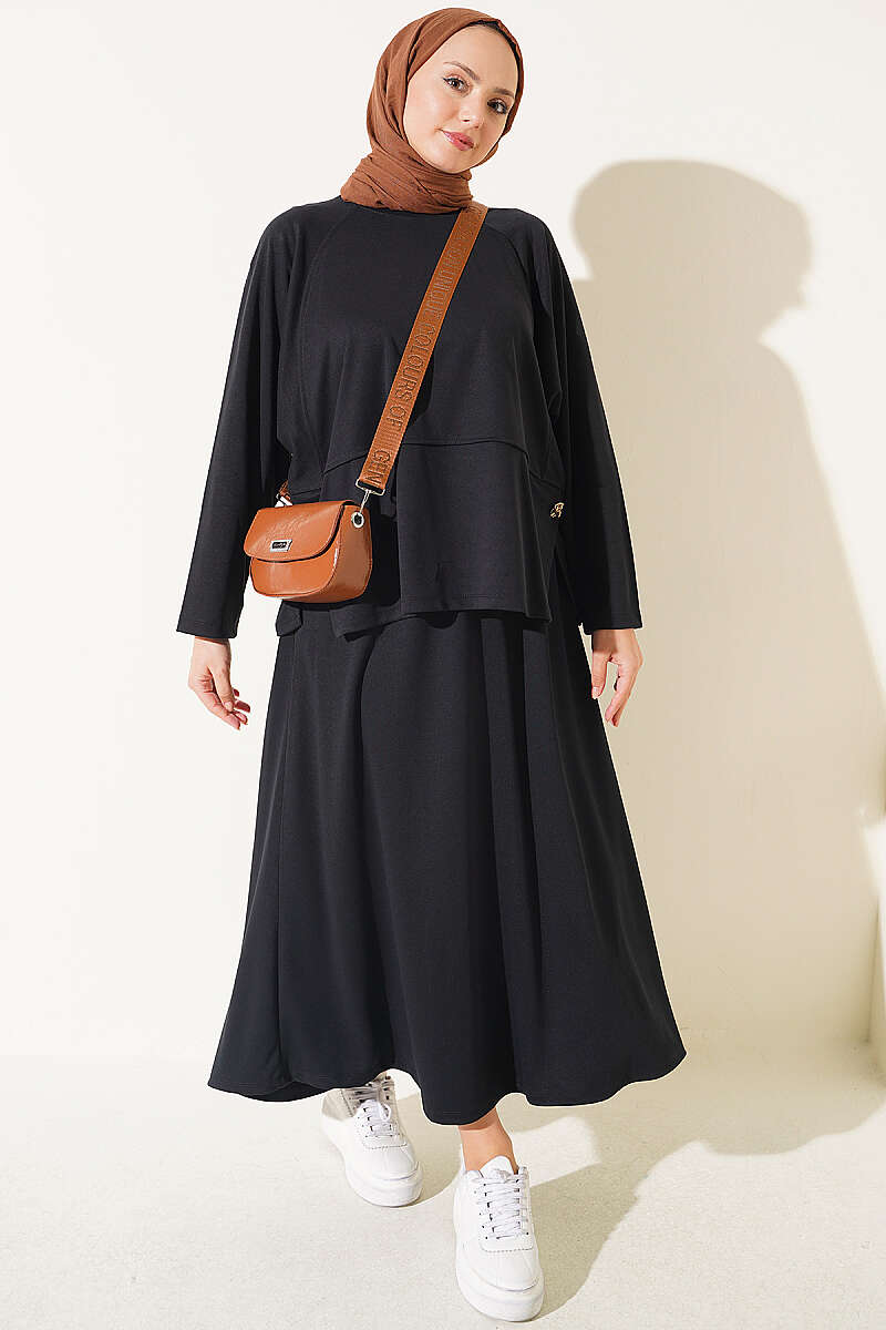 Button-Details Hem French Terry Two-Piece Set Black