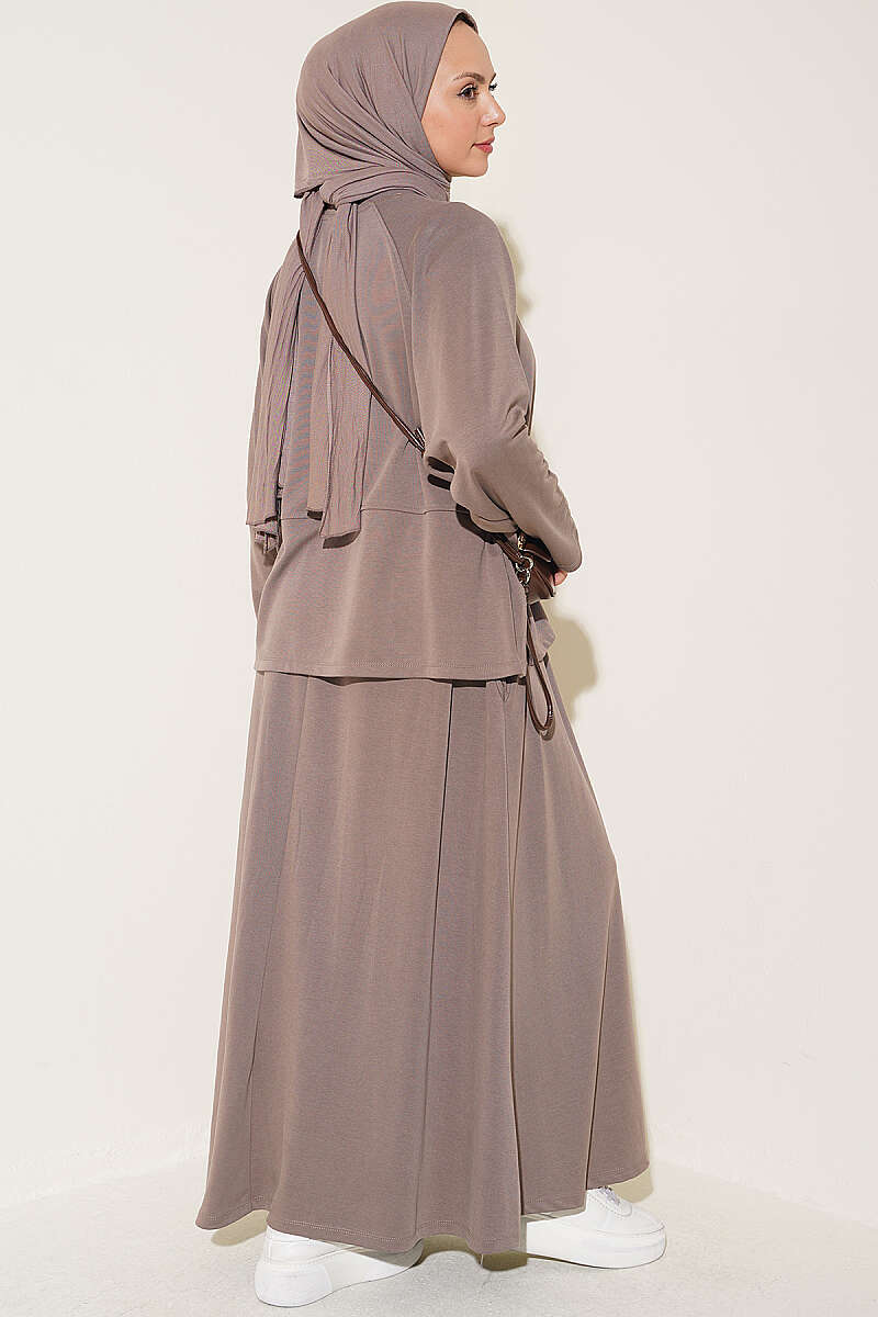 Button-Details Hem French Terry Two-Piece Set Mink - الصورة 3