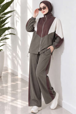 Alternative view of Striped Side Detail Embroidered Two-Piece Set Khaki