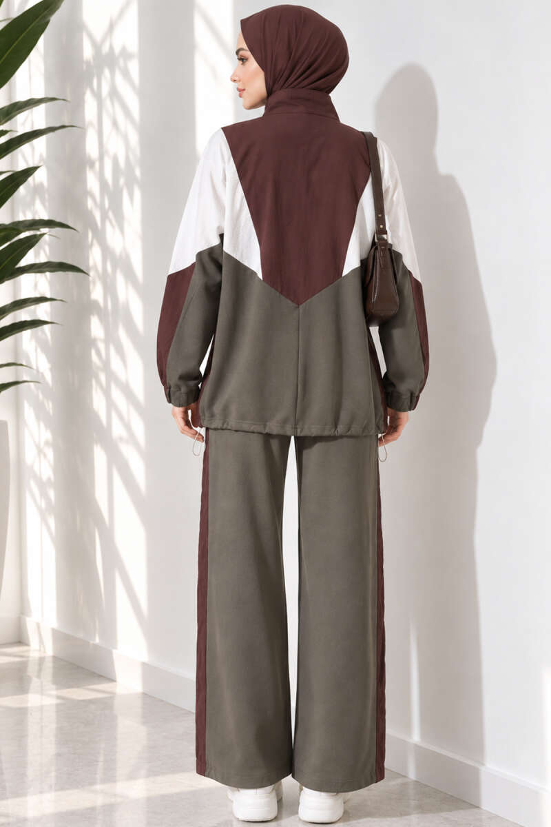 Striped Side Detail Embroidered Two-Piece Set Khaki – Bild 4