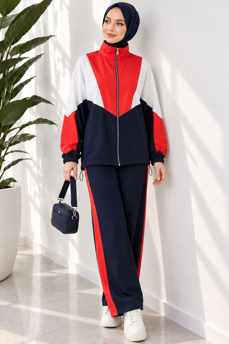 Striped Side Detail Embroidered Two-Piece Set Navy Blue – Image 2