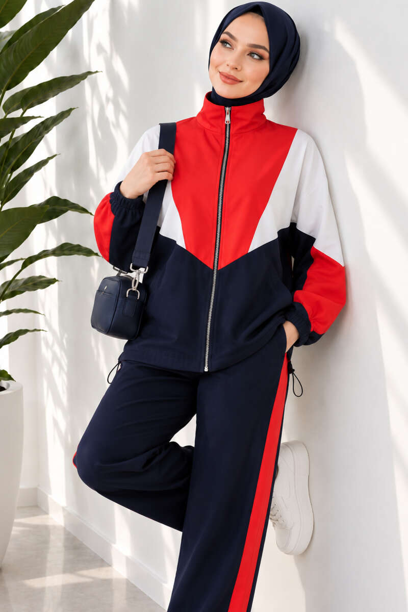 Striped Side Detail Embroidered Two-Piece Set Navy Blue – Image 3