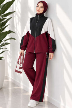 Alternative view of Striped Side Detail Embroidered Two-Piece Set Plum