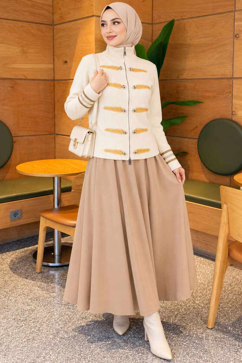 Leaf-Embroidered Button-Detail Knit Cardigan Beige – Bild 2