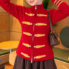 Leaf-Embroidered Button-Detail Knit Cardigan Red
