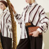 Asymmetrical Striped Satin Shirt with Batwing Sleeves Coffee Brown