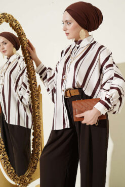 Asymmetrical Striped Satin Shirt with Batwing Sleeves Coffee Brown