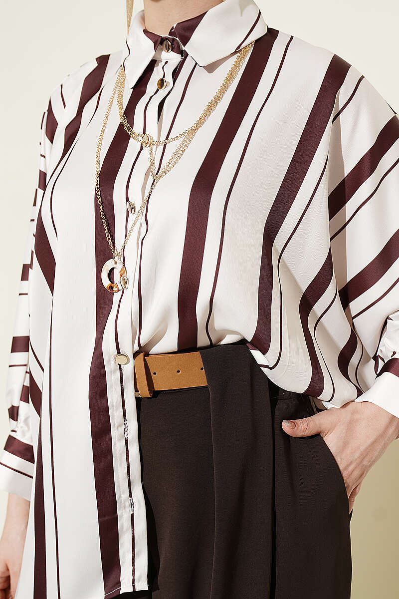 Asymmetrical Striped Satin Shirt with Batwing Sleeves Coffee Brown - Imagen 4