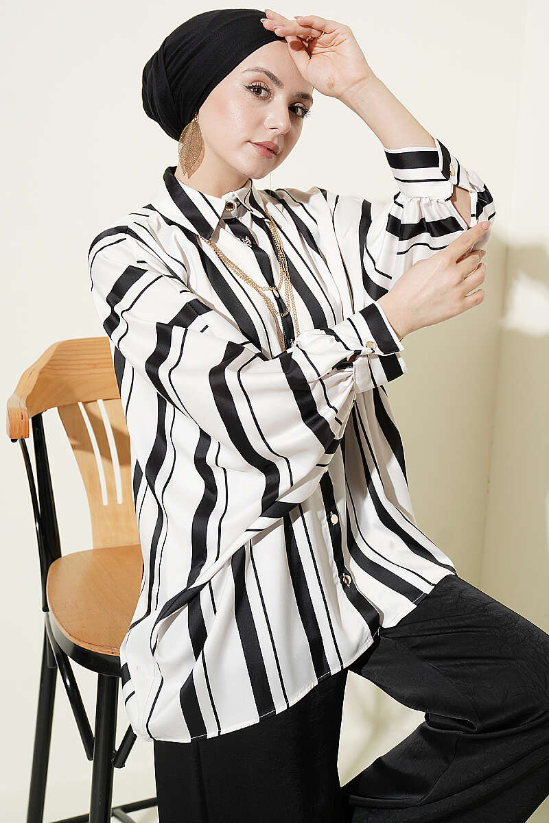 Asymmetrical Striped Satin Shirt with Batwing Sleeves Jet Black