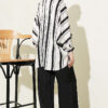 Asymmetrical Striped Satin Shirt with Batwing Sleeves Jet Black - الصورة 3