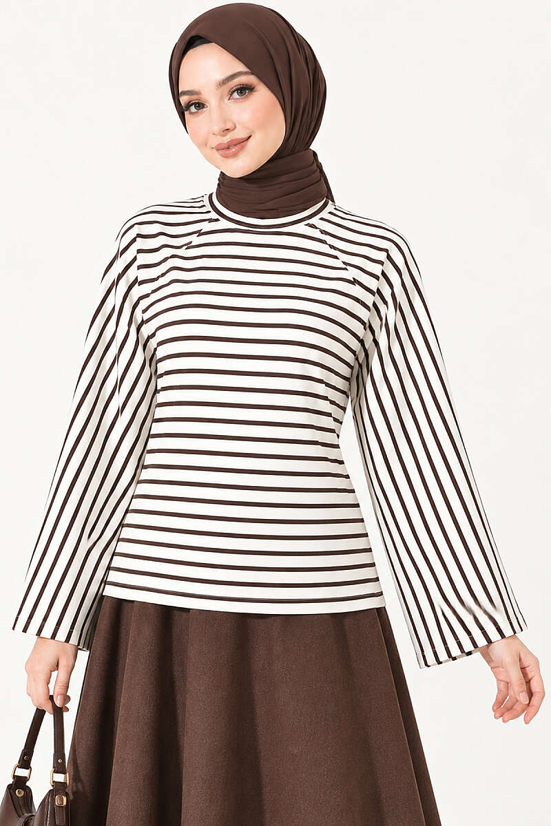 Batwing Sleeve Striped French Terry Top Brown