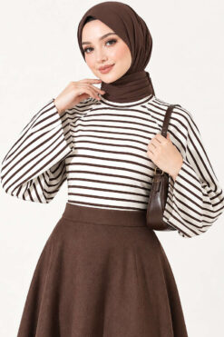 Alternative view of Batwing Sleeve Striped French Terry Top Brown