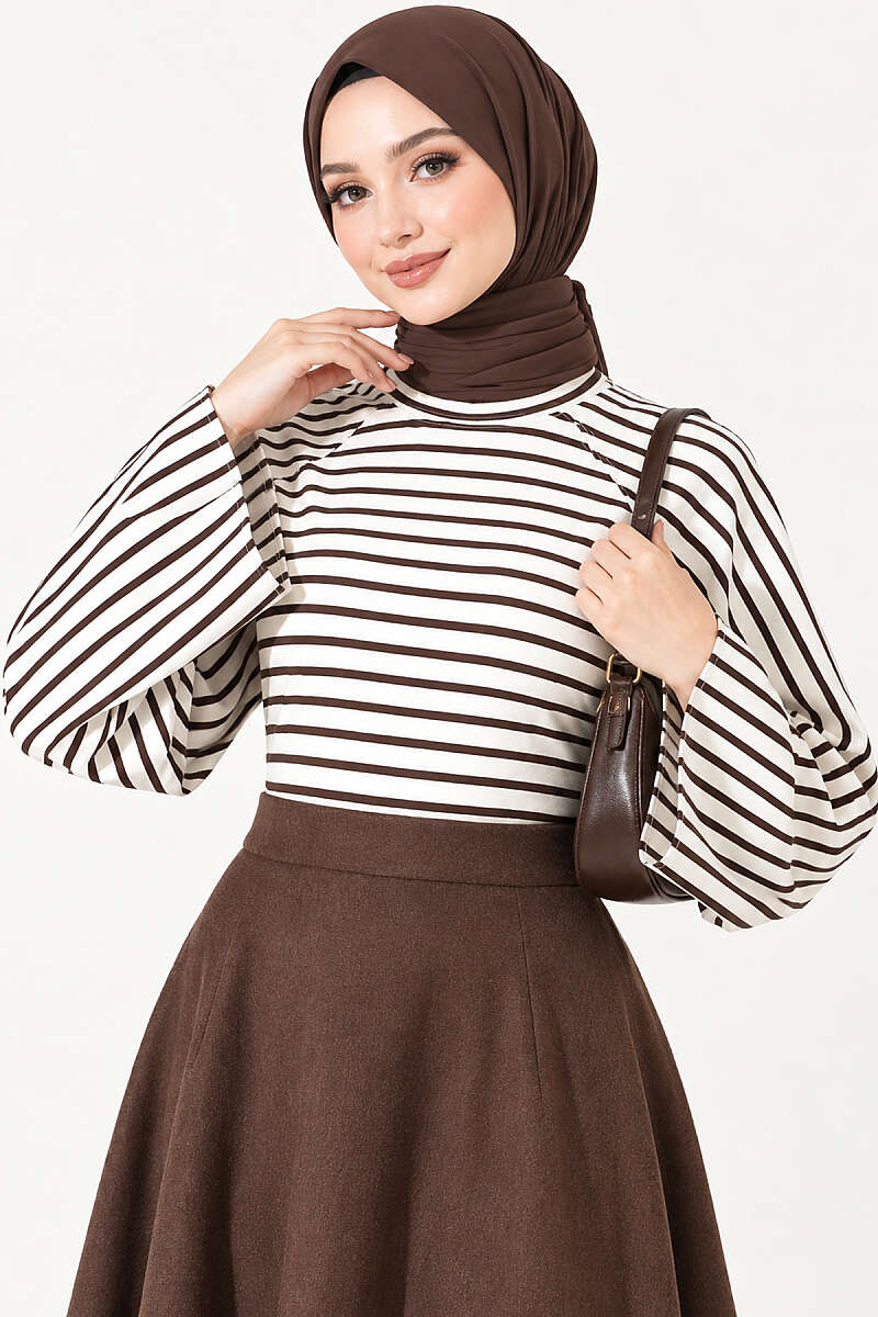 Batwing Sleeve Striped French Terry Top Brown - Imagen 2