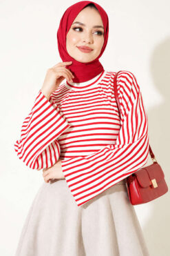 Alternative view of Batwing Sleeve Striped French Terry Top Red