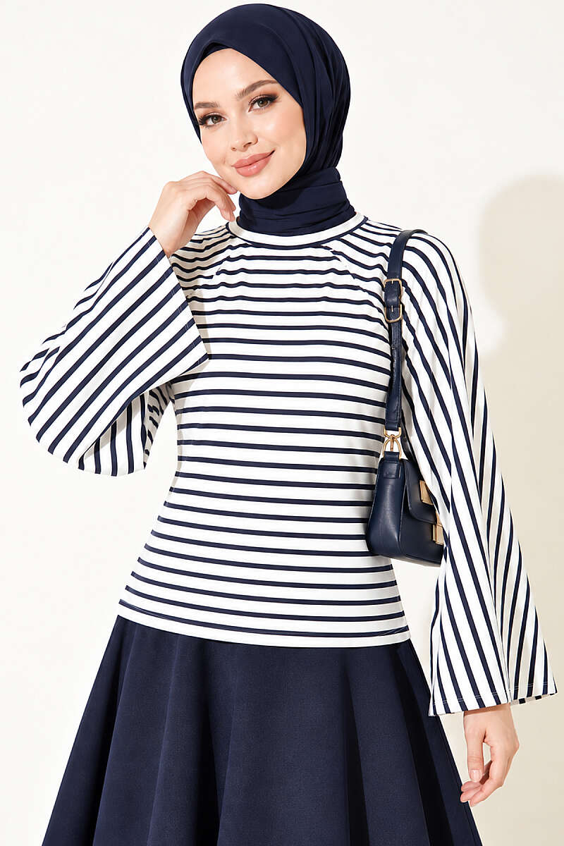 Batwing Sleeve Striped French Terry Top Navy Blue