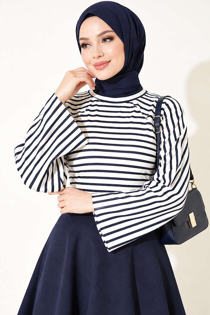 Batwing Sleeve Striped French Terry Top Navy Blue - Image 2