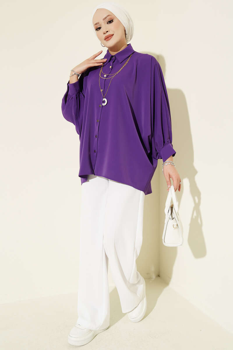Batwing Sleeve Necklace Oversized Shirt Purple – Bild 2