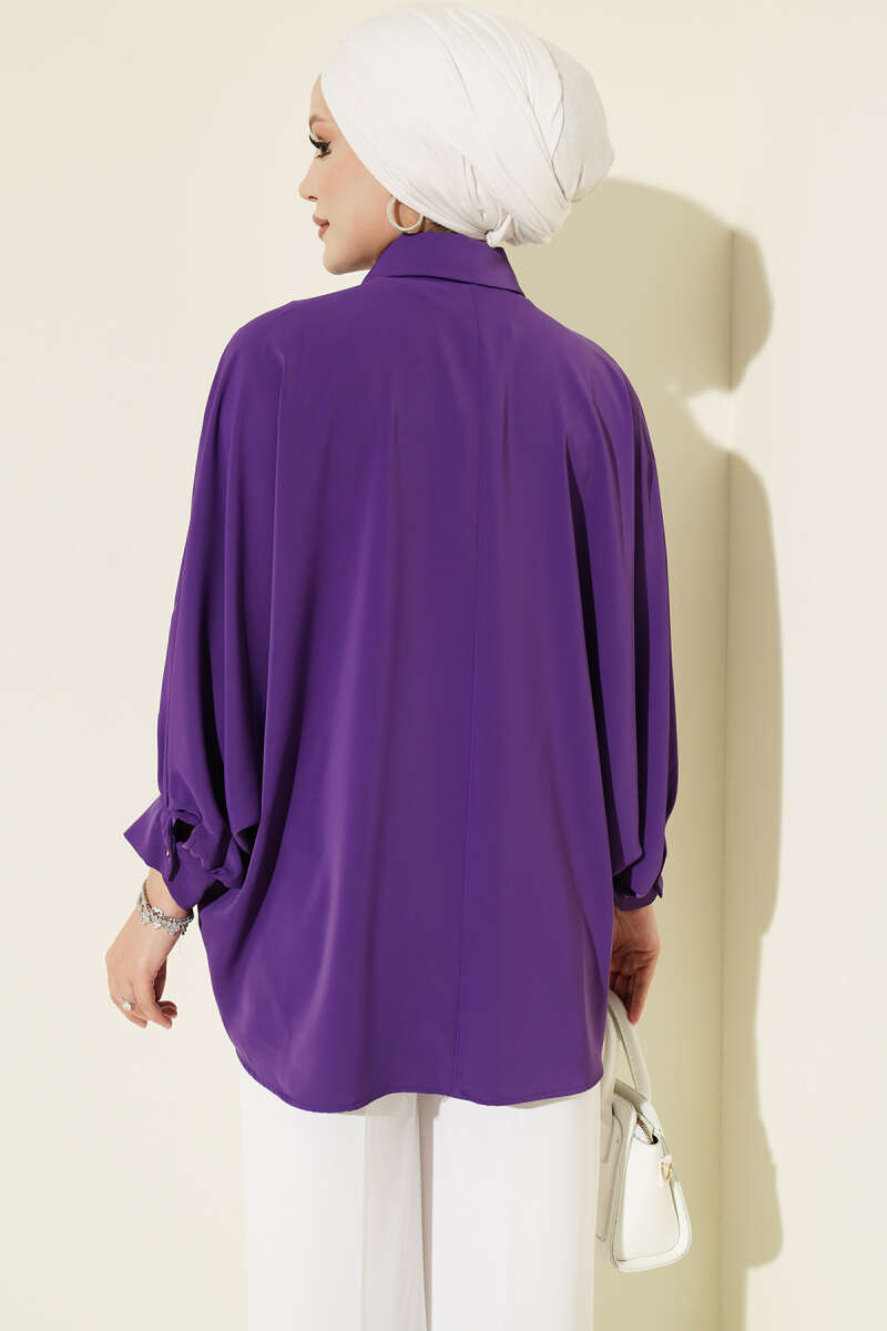 Batwing Sleeve Necklace Oversized Shirt Purple – Bild 3
