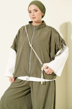 Alternative view of Loose Fit Batwing Sleeve Three-Piece Set Khaki