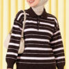 Half-Button Striped French Terry Knit Sweater Brown